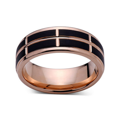 Rose Gold Tungsten Ring - Black Brushed Wedding Band - 8 mm Ring - Unique Engagment Band - Comfort Fit - LUXURY BANDS LA