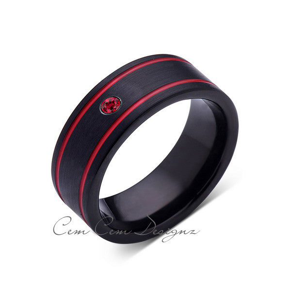 8mm,Mens Red Ruby,Birthstone Ring,Black Brushed, Red Grooves,Tungsten Ring,,Wedding Band,Red,Comfort Fit - LUXURY BANDS LA