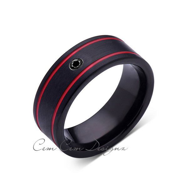 8mm,Mens Black Diamond Ring,Black Brushed, Red Grooves,Tungsten Ring,,Wedding Band,Red,Comfort Fit - LUXURY BANDS LA
