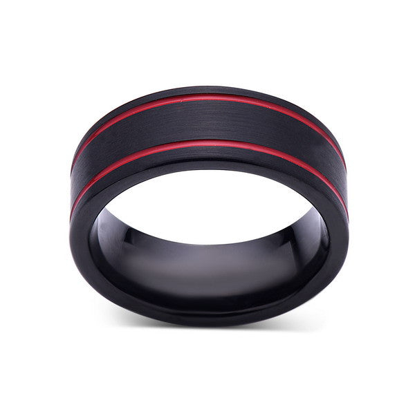 Black Brushed Tungsten Ring - Red Tungsten Wedding Band - 8mm - Mens Ring - LUXURY BANDS LA