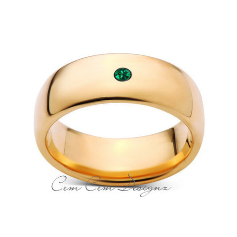 8mm,Mens,Green Emerald,Yellow Gold,Tungsten Ring,Yellow Gold,Birthstone,Wedding Band,Comfort Fit - LUXURY BANDS LA