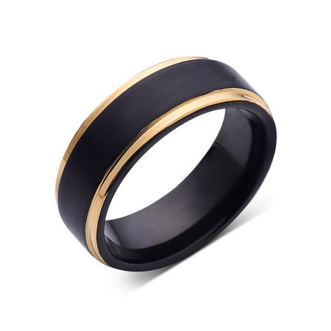 Black Tungsten Wedding Band - Black Brushed Ring - Yellow Gold - 8mm Ring - Engagment Band - Comfor Fit - LUXURY BANDS LA
