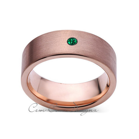 8mm,Mens,Green Emerald,Brushed,Rose Gold,Tungsten Ring,Pipe Cut,Birthstone,Wedding Band,Comfort Fit - LUXURY BANDS LA