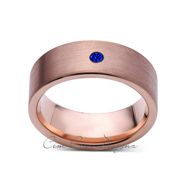 8mm,Mens,Blue Sapphire,Brushed,Rose Gold,Tungsten Ring,Pipe Cut,Wedding Band,Comfort Fit - LUXURY BANDS LA