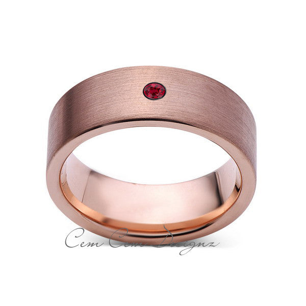 8mm,Mens,Red Ruby,Brushed,Rose Gold,Tungsten Ring,Pipe Cut,Birthstone,Wedding Band,Comfort Fit - LUXURY BANDS LA