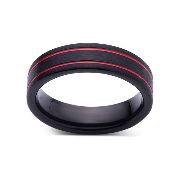 Black Brushed Tungsten Ring - Red Tungsten Wedding Band - 6mm - Mens Ring - LUXURY BANDS LA