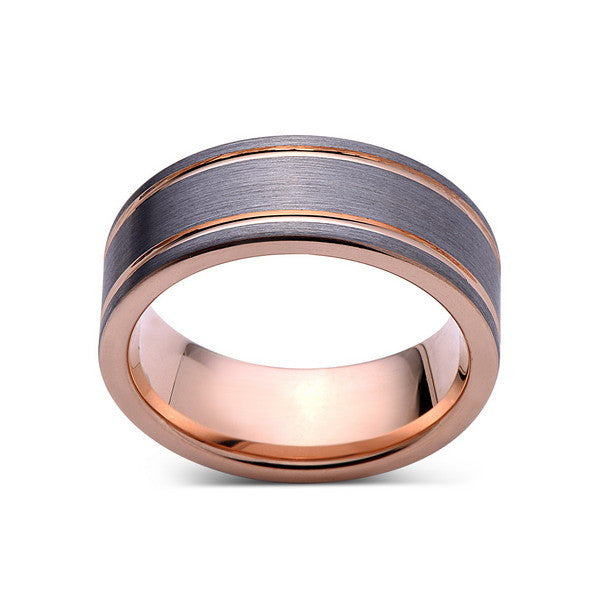 Rose Gold Tungsten Wedding Band - Gray Brushed Tungsten Ring - 8mm - Pipe Cut - Mens Ring - Tungsten Carbide - Engagement Band - Comfort Fit - LUXURY BANDS LA