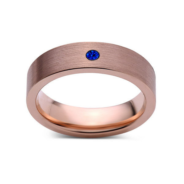 6mm,Mens,Blue Sapphire,Brushed,Rose Gold,Tungsten Ring,Pipe Cut,Wedding Band,Comfort Fit - LUXURY BANDS LA