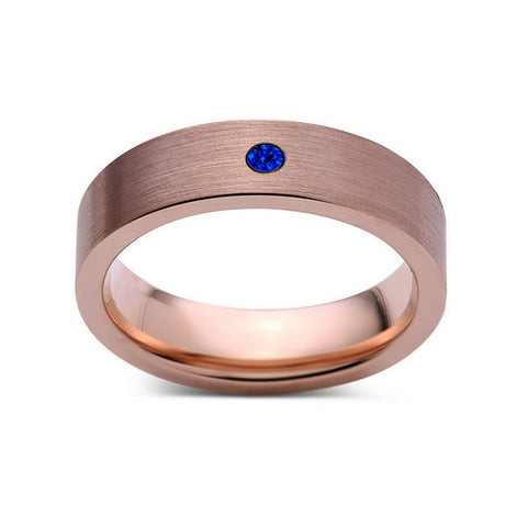 6mm,Mens,Blue Sapphire,Brushed,Rose Gold,Tungsten Ring,Pipe Cut,Wedding Band,Comfort Fit - LUXURY BANDS LA