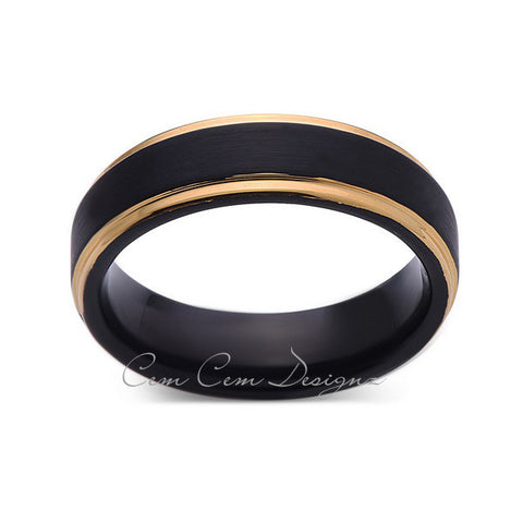 6mm,Unique,Black Brushed,Yellow Gold Edges,Tungsten Ring,Gold,Wedding Band,Unisex,Comfort Fit, - LUXURY BANDS LA