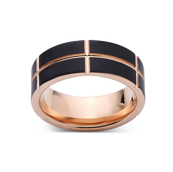Rose Gold Tungsten Ring - Black Brushed Wedding Band - 8 mm Ring - Unique Engagment Band - Comfort Fit - LUXURY BANDS LA
