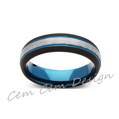 Blue Tungsten Wedding Band - Gray Brushed Tungsten Ring - 6mm - Mens Ring - Tungsten Carbide - Engagement Band - Comfort Fit - LUXURY BANDS LA