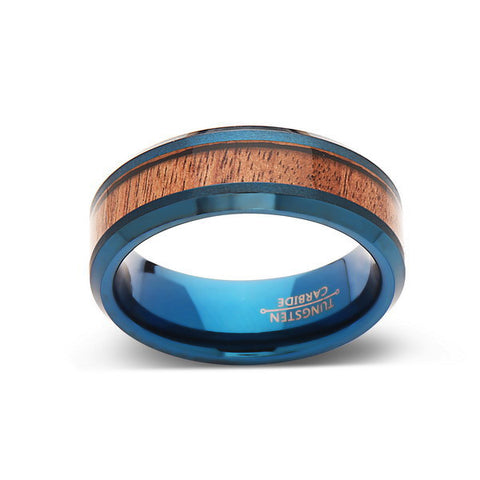 Koa Wood Wedding Ring - Blue Tungsten Band - Hawaiian Koa Wood -8mm - Mens - Comfort Fit - LUXURY BANDS LA