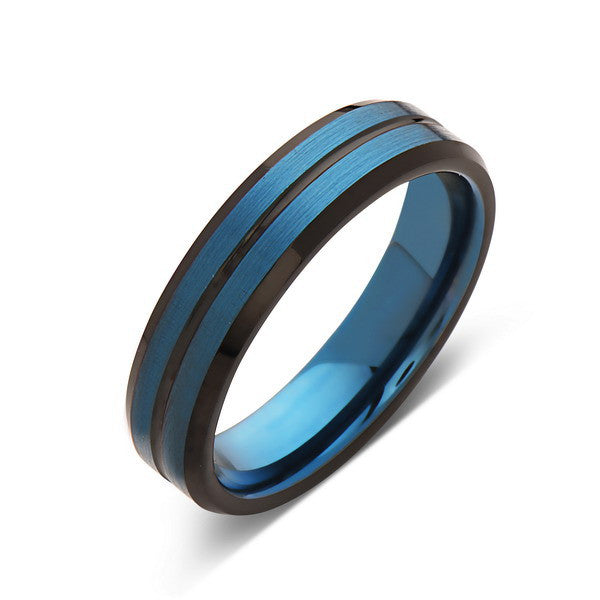 Blue Tungsten Wedding Band - Blue Brushed Tungsten Ring - 6mm - Mens Ring - Tungsten Carbide - Engagement Band - Comfort Fit - LUXURY BANDS LA