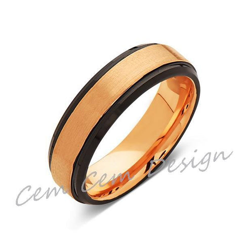 6mm,New,Unique,Brushed,Rose Gold,Black,Tungsten Ring,Mens Wedding Band,Unisex,Comfort Fit - LUXURY BANDS LA