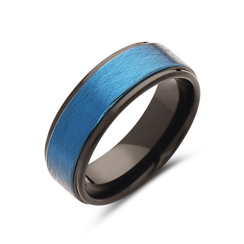 Blue Tungsten Wedding Band - Brushed Blue Tungsten Ring - 8mm - Mens Ring - Tungsten Carbide - Engagement Band - Comfort Fit - LUXURY BANDS LA