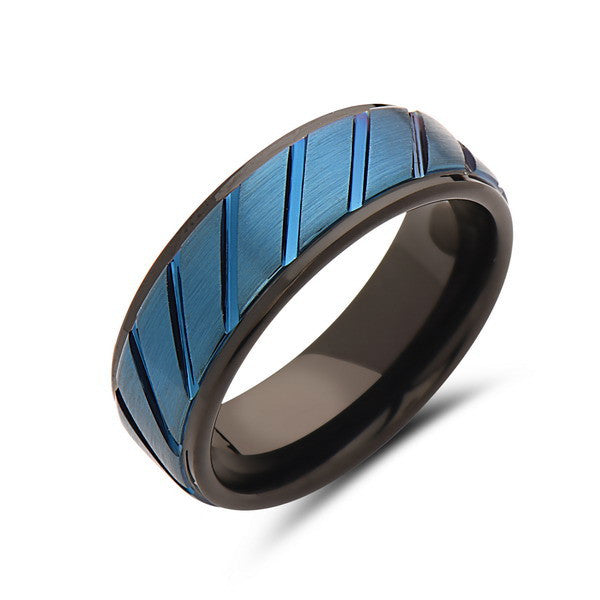 Blue Tungsten Wedding Band - Blue Brushed Tungsten Ring - 8mm - Mens Ring - Tungsten Carbide - Engagement Band - Comfort Fit - LUXURY BANDS LA