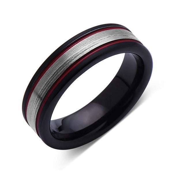 Gray and Red Brushed Tungsten Ring - Black Tungsten Wedding Band - 6mm - Mens Ring - Tungsten Carbide - Engagement Band - Comfort Fit - LUXURY BANDS LA