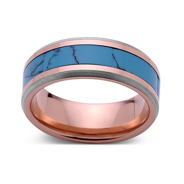 Turquoise Inlay Tungsten Ring - Rose Gold and Gray Tungsten Band - Turquoise Wedding Band - 8mm - Mens - Comfort Fit - LUXURY BANDS LA