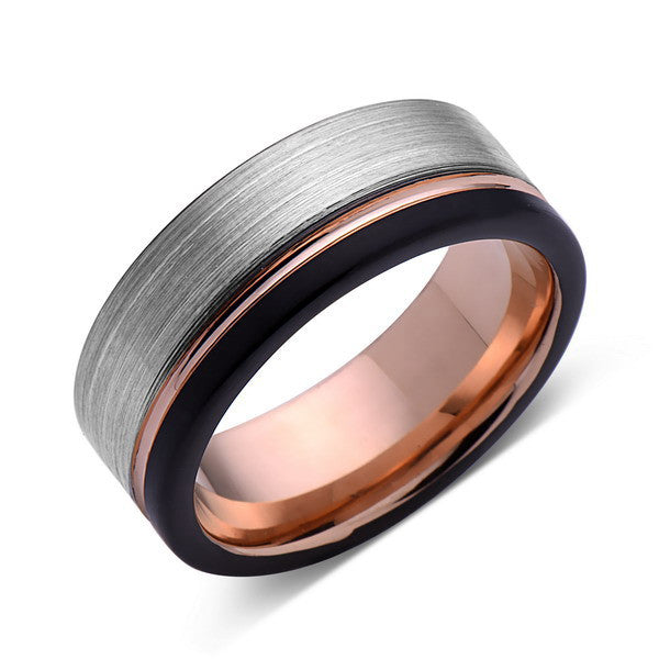 Rose Gold Tungsten Wedding Band - Gray and Black Brushed Tungsten Ring - 8mm - Mens Ring - Tungsten Carbide - Engagement Band - Comfort Fit - LUXURY BANDS LA