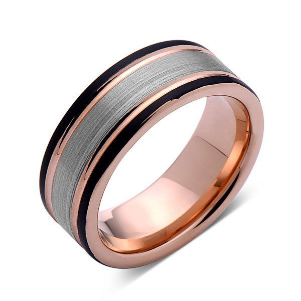 Rose Gold Tungsten Wedding Band - Gray Brushed Ring - Pipe Cut - 8mm Ring - Unique Engagement Band - Comfort Fit - LUXURY BANDS LA