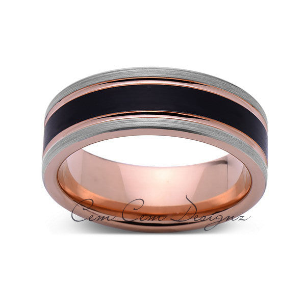 Rose Gold Tungsten Wedding Band - Black Brushed Ring - Pipe Cut - 8mm Ring - Unique Engagement Band - Comfort Fit - LUXURY BANDS LA