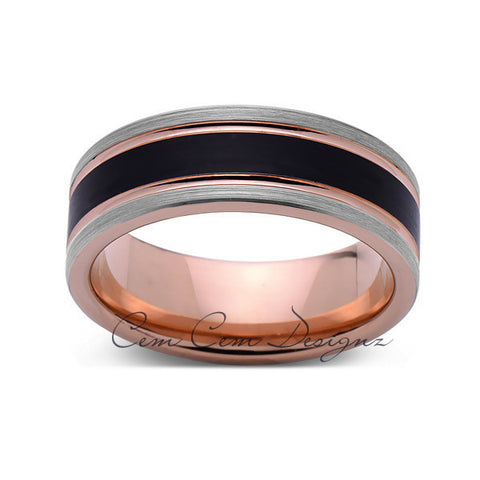 Rose Gold Tungsten Wedding Band - Black Brushed Ring - Pipe Cut - 8mm Ring - Unique Engagement Band - Comfort Fit - LUXURY BANDS LA