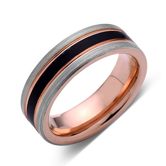 Rose Gold Tungsten Wedding Band - Gray Brushed Ring - Pipe Cut - 6mm Ring - Unique Engagement Band - Comfort Fit - LUXURY BANDS LA