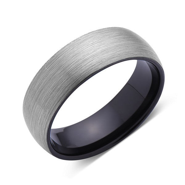 Brushed Tungsten Ring - Dome - Gray Brushed - Black - 8mm - Mens Ring - Comfort Fit - LUXURY BANDS LA
