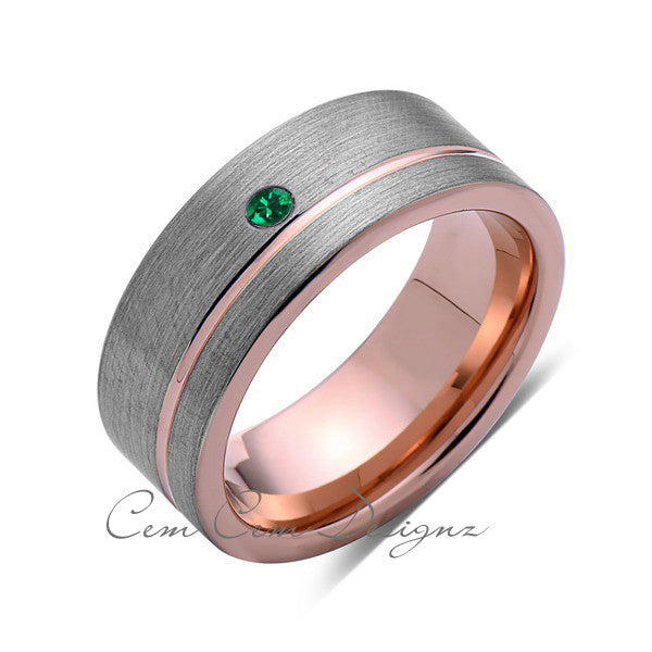8mm,Mens,Green Emerald,Ring,Brushed,Rose Gold,Tungsten Ring,Birthstone,Wedding Band,Comfort Fit - LUXURY BANDS LA