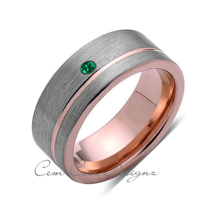 8mm,Mens,Green Emerald,Ring,Brushed,Rose Gold,Tungsten Ring,Birthstone,Wedding Band,Comfort Fit - LUXURY BANDS LA