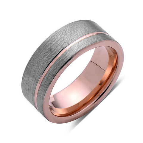 Rose Gold Tungsten Wedding Band - Gray Brushed Tungsten Ring - 8mm - Mens Ring - Tungsten Carbide - Engagement Band - Comfort Fit - LUXURY BANDS LA