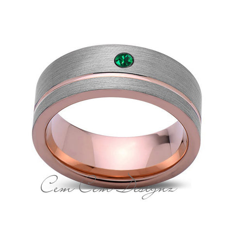 8mm,Mens,Green Emerald,Ring,Brushed,Rose Gold,Tungsten Ring,Birthstone,Wedding Band,Comfort Fit - LUXURY BANDS LA