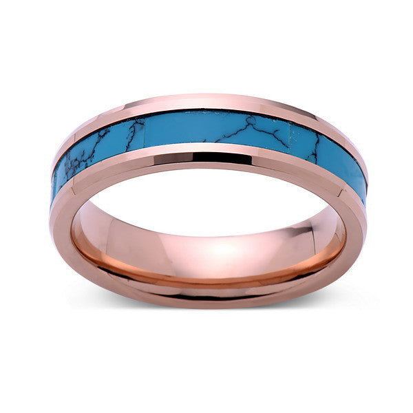 Turquoise Inlay Tungsten Ring - Rose Gold Tungsten Band - Turquoise Wedding Band - 6mm - Mens - Comfort Fit - LUXURY BANDS LA