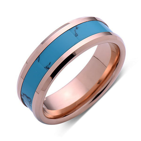 Turquoise Inlay Tungsten Ring - Rose Gold Tungsten Band - Turquoise Wedding Band - 8mm - Mens - Comfort Fit - LUXURY BANDS LA