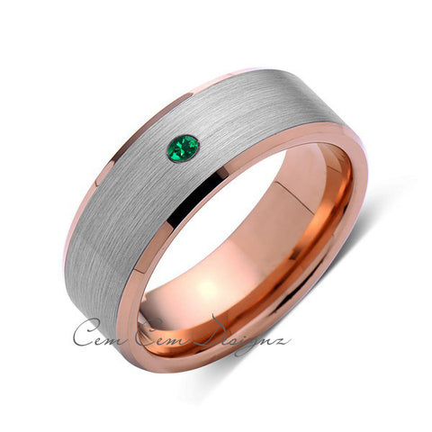8mm,Mens,Green Emerald,Rose Gold,Wedding Band,,Gray,Brushed,Rose Gold,Birthstone,Tungsten Ring,Comfort Fit - LUXURY BANDS LA