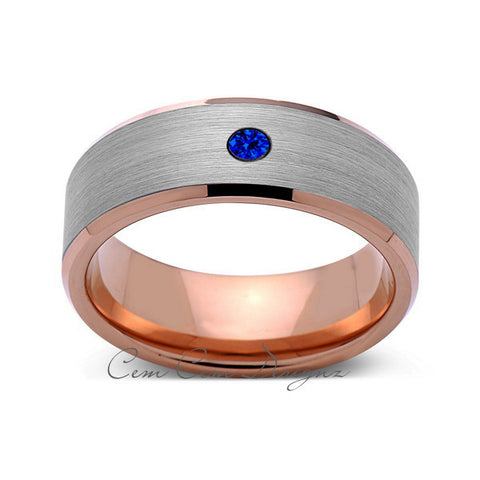 8 mm,Mens,Blue Sapphire,Rose Gold,Wedding Band,,Gray,Brushed,Rose Gold,Birthstone,Tungsten Ring,Comfort Fit - LUXURY BANDS LA