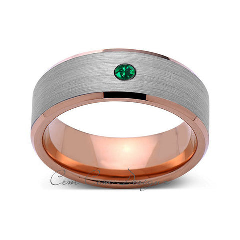 8mm,Mens,Green Emerald,Rose Gold,Wedding Band,,Gray,Brushed,Rose Gold,Birthstone,Tungsten Ring,Comfort Fit - LUXURY BANDS LA