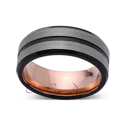 Rose Gold Tungsten Wedding Band - Black Groove - Gray Brushed Ring - 8mm Ring - Unique Engagment Band - Comfor Fit - LUXURY BANDS LA