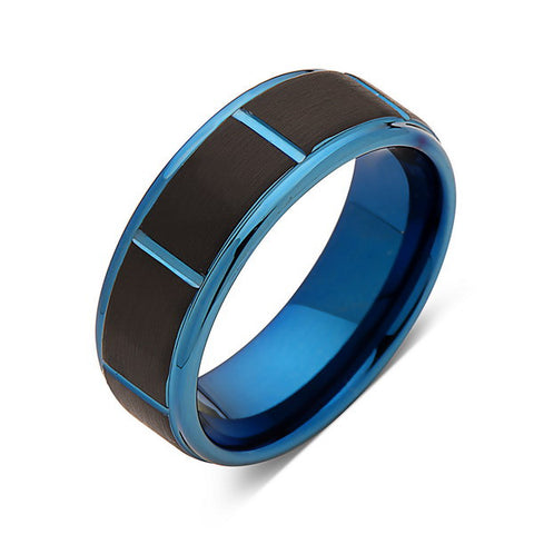 Blue Tungsten Wedding Band - Black Brushed Tungsten Ring - 8mm - Mens Ring - Tungsten Carbide - Engagement Band - Comfort Fit - LUXURY BANDS LA