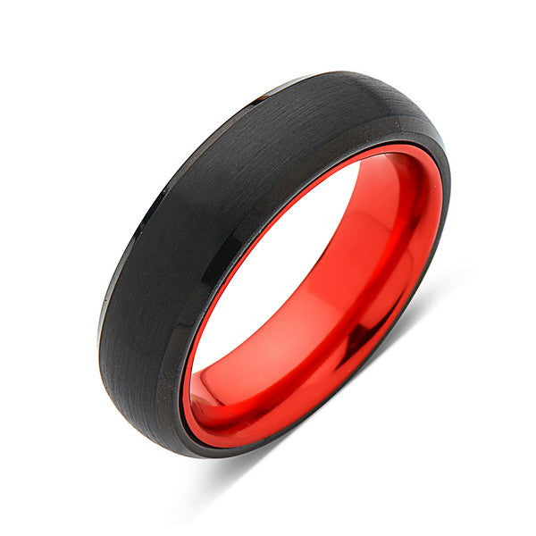 Red Tungsten Wedding Band - Black Brushed Ring - 6mm Red Ring - Unique Engagement Band - Comfort Fit - LUXURY BANDS LA