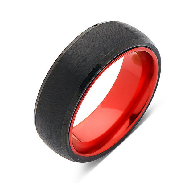 Red Tungsten Wedding Band - Black Brushed Ring - 8mm Red Ring - Unique Engagement Band - Comfort Fit - LUXURY BANDS LA