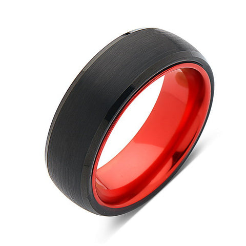 Red Tungsten Wedding Band - Black Brushed Ring - 8mm Red Ring - Unique Engagement Band - Comfort Fit - LUXURY BANDS LA