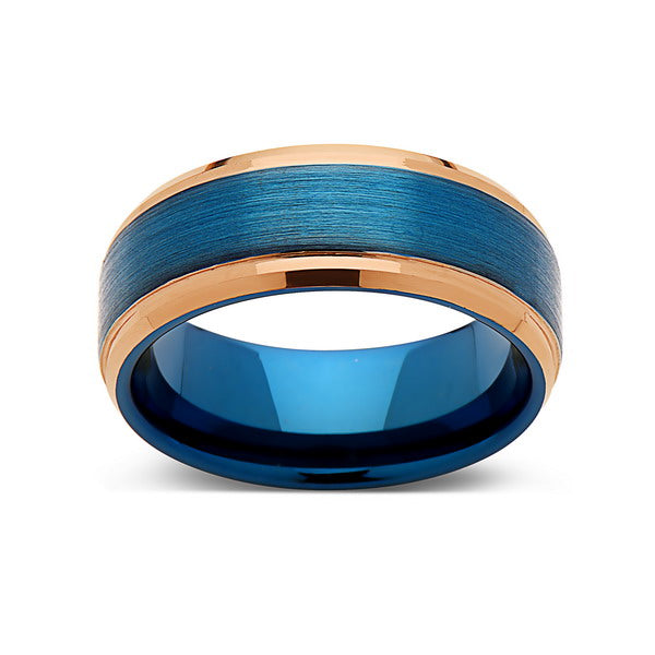 Blue Tungsten Wedding Band - Rose Gold - Stepped Edges - Brushed Tungsten Ring - 8mm - Mens Ring - Tungsten Carbide - Unique - Engagement Band - Comfort Fit - LUXURY BANDS LA