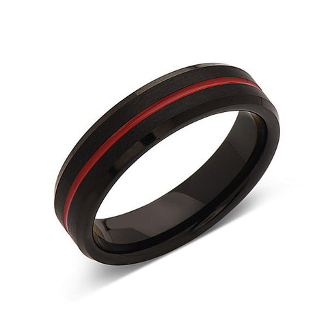 Red Tungsten Wedding Band - Black Brushed Tungsten Ring - 6mm - Mens Ring - Tungsten Carbide - Engagement Band - Comfort Fit - LUXURY BANDS LA