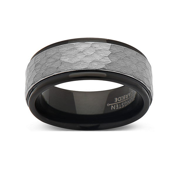 Hammered Wedding Band - Gray Brushed Tungsten Ring -  Black Tungsten Carbide - 8mm Ring - Unique Engagement Band - Comfor Fit - LUXURY BANDS LA