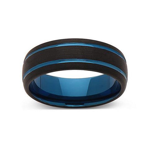 Blue Tungsten Wedding Band - Black Brushed Tungsten Ring - 8mm - Mens Ring - Tungsten Carbide - Engagement Band - Comfort Fit - LUXURY BANDS LA