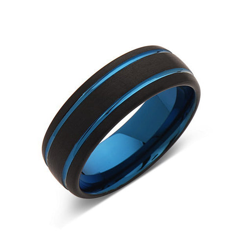 Blue Tungsten Wedding Band - Black Brushed Tungsten Ring - 8mm - Mens Ring - Tungsten Carbide - Engagement Band - Comfort Fit - LUXURY BANDS LA