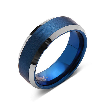 Blue Tungsten Wedding Band - Silver Brushed Tungsten Ring - 8mm - Mens Ring - Tungsten Carbide - Engagement Band - Comfort Fit - LUXURY BANDS LA