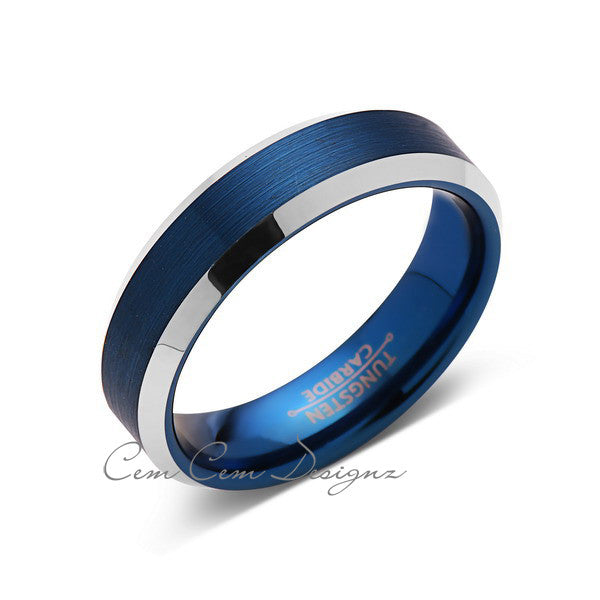 Blue Tungsten Wedding Band - Silver Brushed Tungsten Ring - 6mm - Mens Ring - Tungsten Carbide - Engagement Band - Comfort Fit - LUXURY BANDS LA